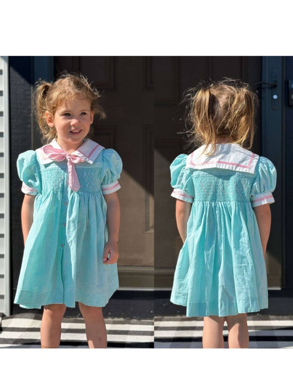 Vintage | Aqua Smocked Sailor Neck Front Button Dress | Size 3T